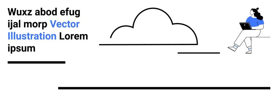 Abstract cloud, textual elements, person working on a laptop. Ideal for moder Illustrazione stock