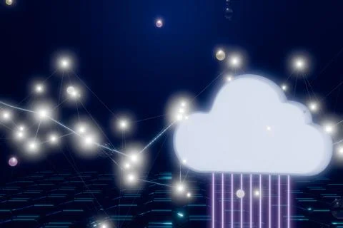 Abstract cloud with wires and digital network. Illustrazione stock