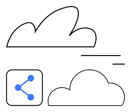 Abstract clouds and network sharing icon in black and blue lines. Ideal for t Illustrazione stock
