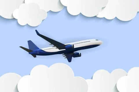 Abstract Clouds with flying realistic 3D airplane Vector Illustration Ilustración de archivo