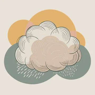 Abstract cloudscape featuring a whimsical cloud with rain set against a back Stock Illustration