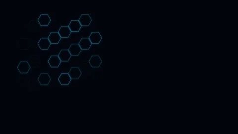 Abstract cluster of glowing blue hexagonal shapes on a dark black background Vídeo Stock 338310291