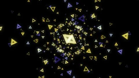 Abstract cluster of numerous multicolored neon triangles floating in an abstract Illustrazione stock