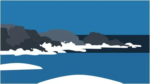 Abstract coastal scene with ocean waves and rocky shoreline landscape maritim Stock Illustration
