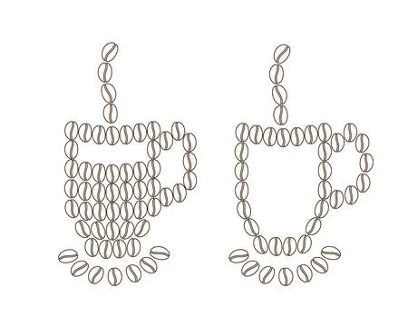 Abstract coffee cups with steam and saucer made of outline coffee beans. Outline Stock Illustration