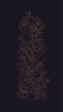 Abstract coffee Linear branch, graphic cups, beans Illustrazione stock
