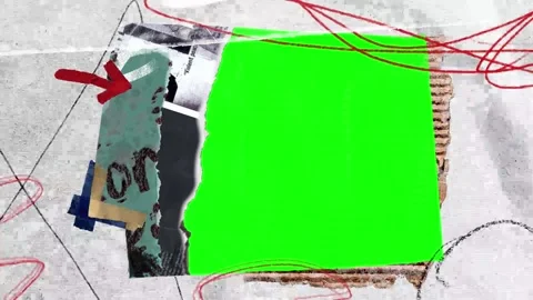Abstract collage animation featuring green screen center panel with dynamic red 스톡 동영상 341322264