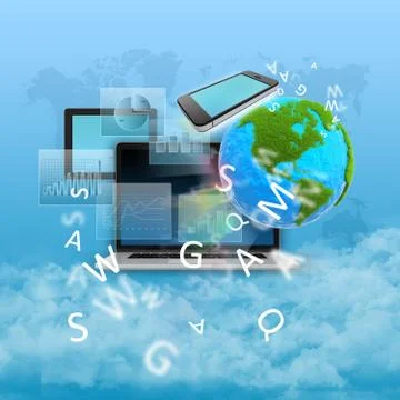Abstract collage with computers, green planet and graphs Stock Illustration