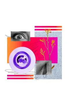 Abstract collage with eye flower button and colorful shapes Stock Photos