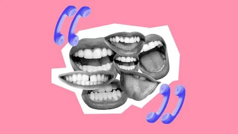 Abstract collage featuring multiple mouths and blue telephones, representing Stock Photos
