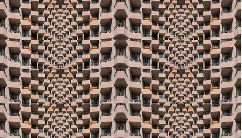 Abstract collage with fragments of a multi-storey house with balconies Fotos de archivo