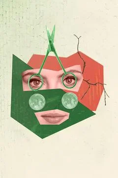 Abstract collage of human face with geometric shapes and branches Stock Photos