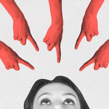 Abstract collage illustration of red hands showing to woman face Stock Illustration