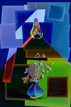 Abstract collage with a light bulb and a bouquet of flowers Stock Illustration