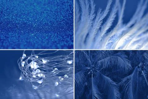 Abstract Collage macro concept inspired by classic blue color of the year 2020 Stock Photos