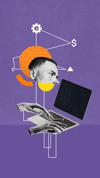 Abstract collage of programmer working on laptop with binary code and business Stock Photos