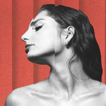 Abstract collage of sensual black and white woman portrait on red background Stock Illustration