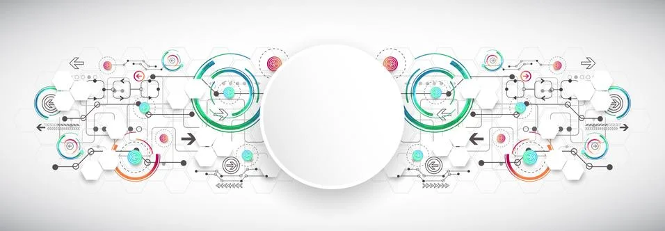 Abstract color background with various technological elements. Illustrazione stock
