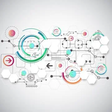 Abstract color background with various technological elements. Stock Illustration