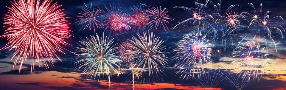 Abstract colored firework on dark sky. Celebration and anniversary concept Stockfoto's