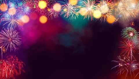 Abstract colored firework on dark sky. Celebration and anniversary concept Stockfoto's