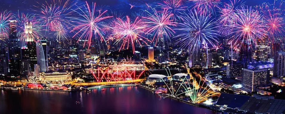 Abstract colored firework on dark sky. Celebration and anniversary concept Stock Photos