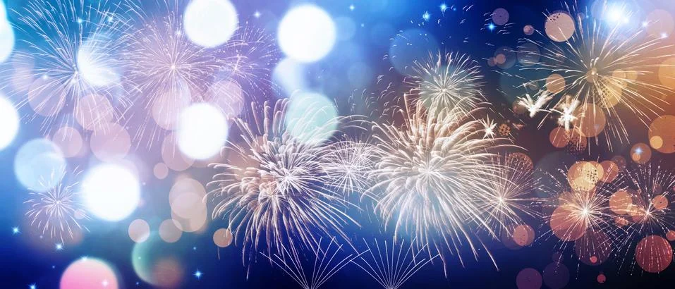 Abstract colored firework on dark sky. Celebration and anniversary concept Stockfoto's