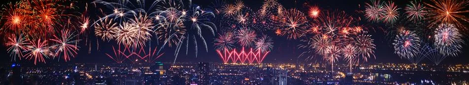 Abstract colored firework on dark sky. Celebration and anniversary concept 写真素材
