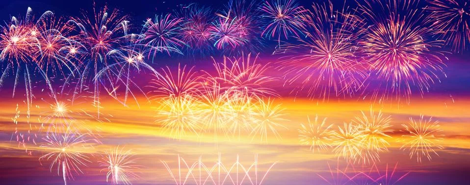 Abstract colored firework on dark sky. Celebration and anniversary concept Stockfoto's