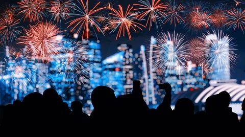 Abstract colored firework on dark sky. Celebration and anniversary concept Stockfoto's