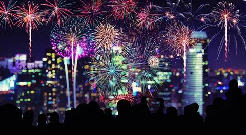Abstract colored firework on dark sky. Celebration and anniversary concept Stock Photos