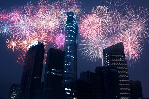 Abstract colored firework on dark sky. Celebration and anniversary concept 写真素材