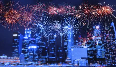 Abstract colored firework on dark sky. Celebration and anniversary concept Stock Photos