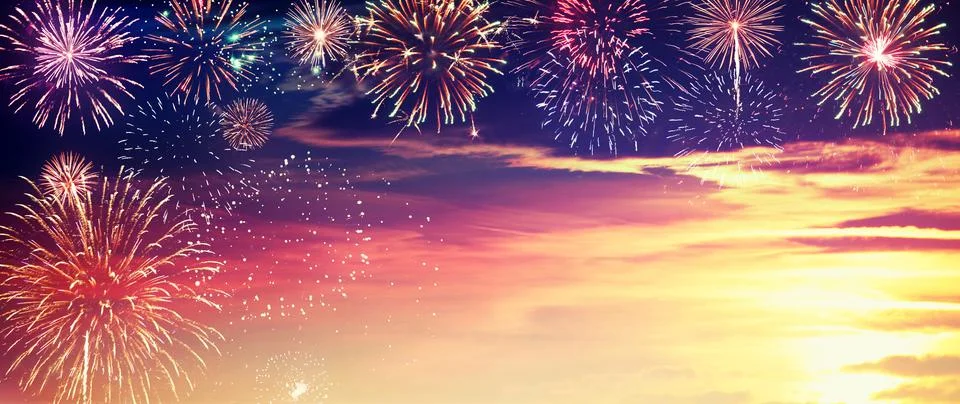 Abstract colored firework on dark sky. Celebration and anniversary concept 写真素材
