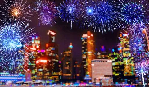 Abstract colored firework on dark sky. Celebration and anniversary concept... Stockfoto's