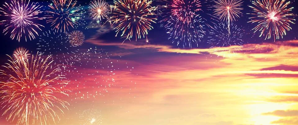 Abstract colored firework on dark sky. Celebration and anniversary concept Фото