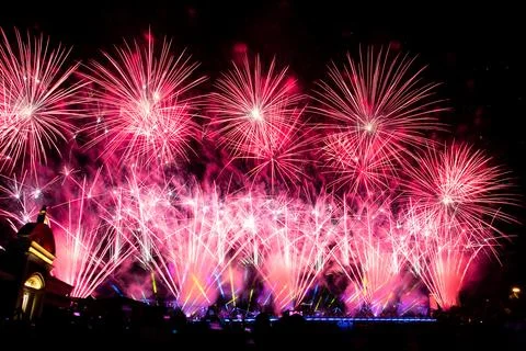 Abstract colored firework new year festival night sky background. Foto stock