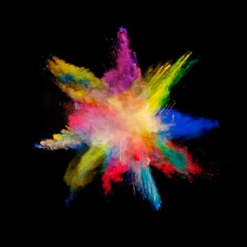 Abstract colored powder explosion isolated on black background. Stock Photos
