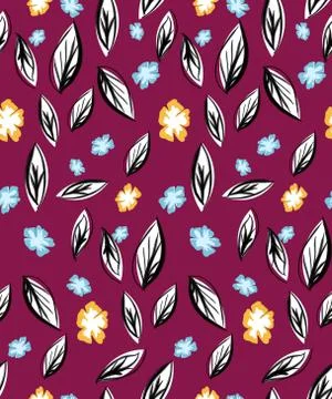 Abstract colored seamless pattern of fall, autumn leaves with flowers on dark re Stock Illustration