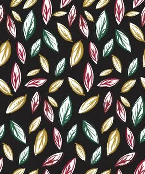Abstract colored seamless pattern of fall, autumn leaves with flowers on black b Stock Illustration