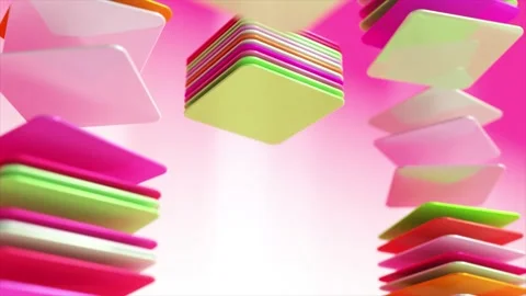 Abstract colored square flat objects are collected in stacks. Pink white green Video stock 186952800