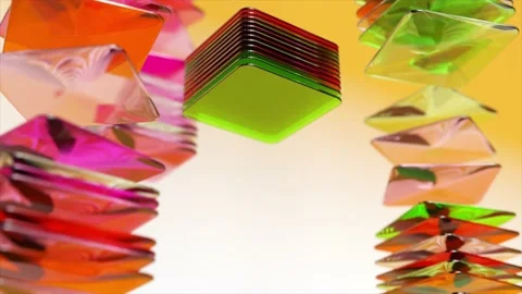 Abstract colored square flat objects are collected in stacks. Red green color Video stock 186962161