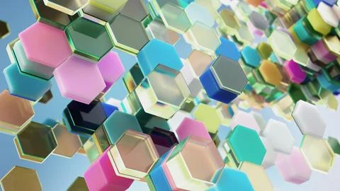 Abstract colorful 3D hexagons floating in digital futuristic space Stock Illustration