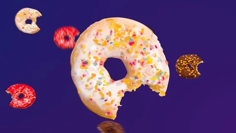 Abstract colorful animation - bitten different donuts on violet gradient back Stock-Footage 129081440