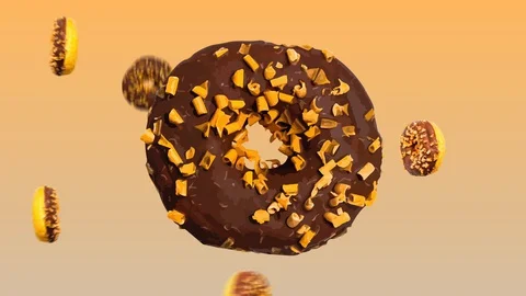 Abstract colorful animation - donuts with chocolate and caramel on yellow gra 스톡 동영상 129081353