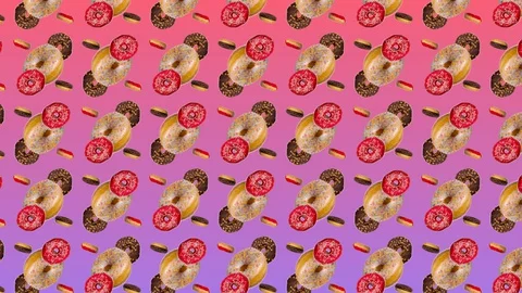 Abstract colorful animation - side view different donuts move up circling dia 스톡 동영상 129080968