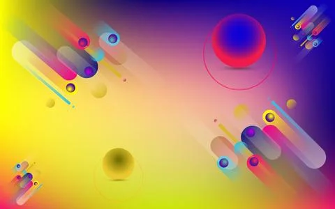 Abstract colorful background with floating geometric shapes and spheres. Illustrazione stock