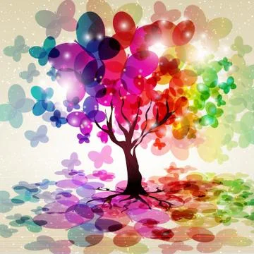 Abstract colorful background. tree with a crown made ??of butterflies. vector Stock Illustration