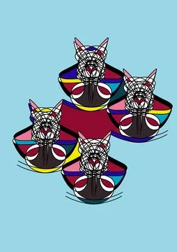 Abstract Colorful Cat Faces Pattern on Light Blue Background Stock Illustration