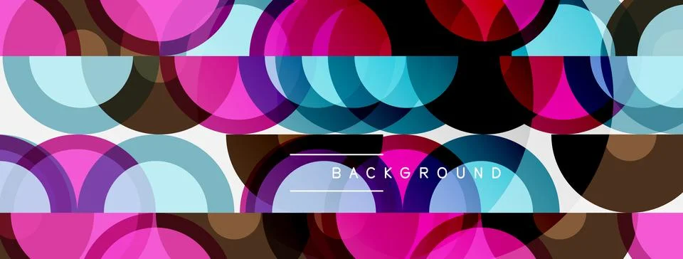 Abstract colorful circles create dynamic pattern. Overlapping shapes form m.. Illustrazione stock